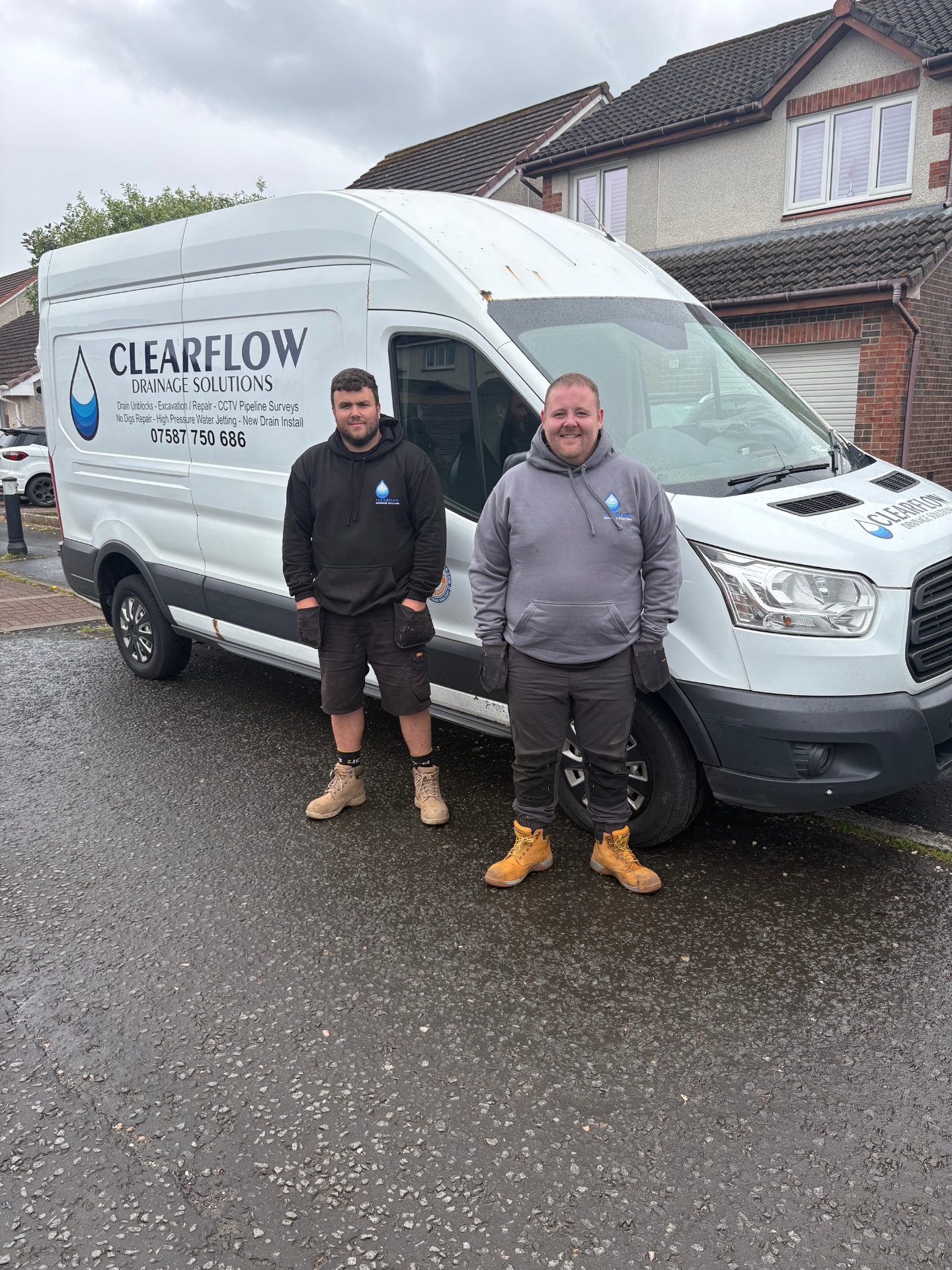 David and Chris standing in front of the ClearFlow Drainage Solutions van